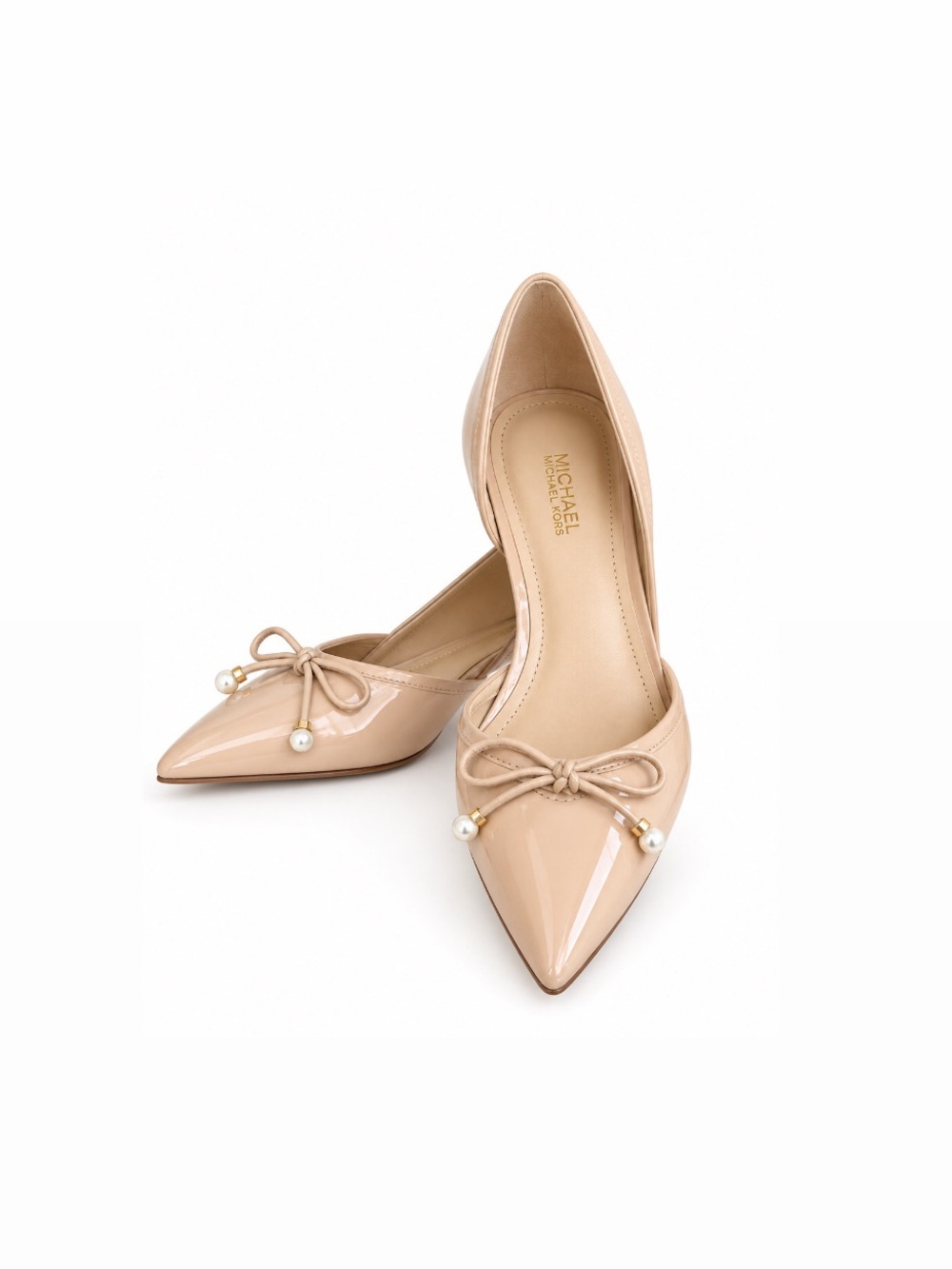 Michael Kors Patent Leather DโOrsay Pearl Bow Kitten Heels